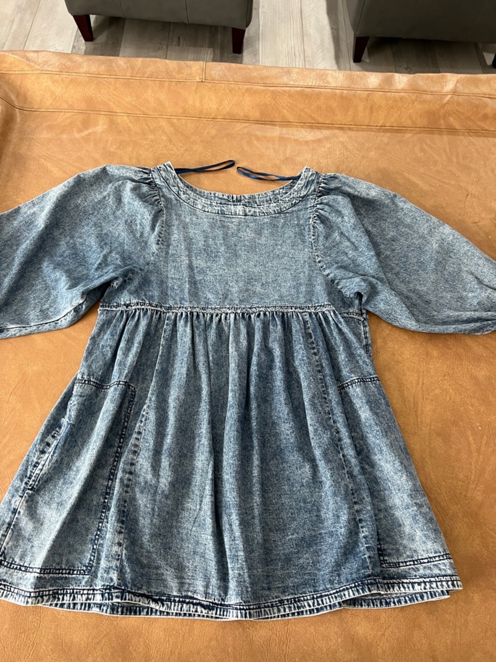 Free People Girls Washed Blue Denim-Look Puff Sleeve Dress